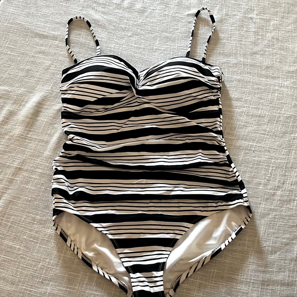 Nautical Black and‎ White Striped One Piece Swimsuit  L (12-14)​ Coastal Style